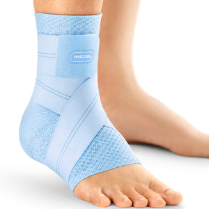 Light blue WHCOOL ankle brace with breathable fabric and adjustable compression wrap, providing comfortable ankle support for workouts, walking, and everyday movement.