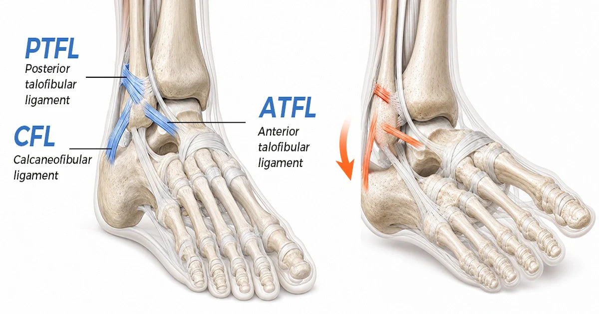 Ankle sprain anatomy diagram, damaged anterior talofibular ligament ATFL from foot inward rolling inversion injury