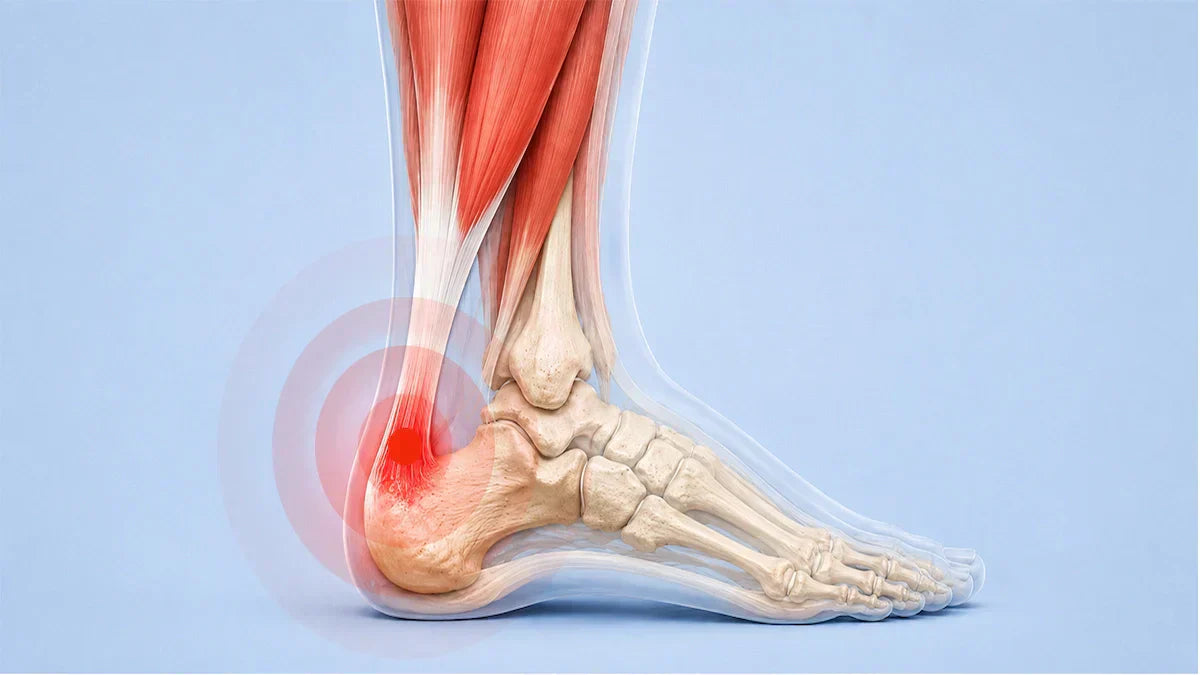 Medical anatomy illustration of Achilles tendonitis, with red highlight marking the inflamed tendon and pain site at the heel