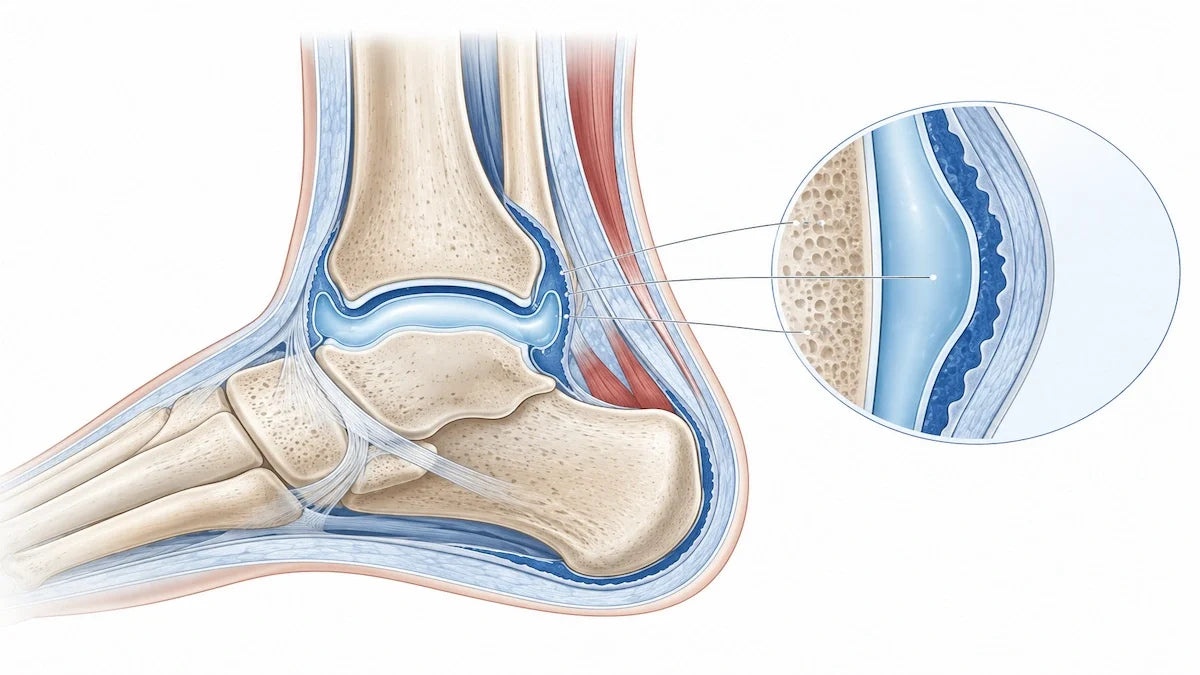 Illustration of ankle joint anatomy showing swelling caused by ankle joint effusion