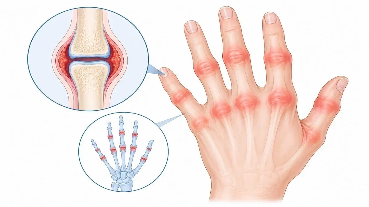 IIllustration highlighting early signs of rheumatoid arthritis in the hand joints