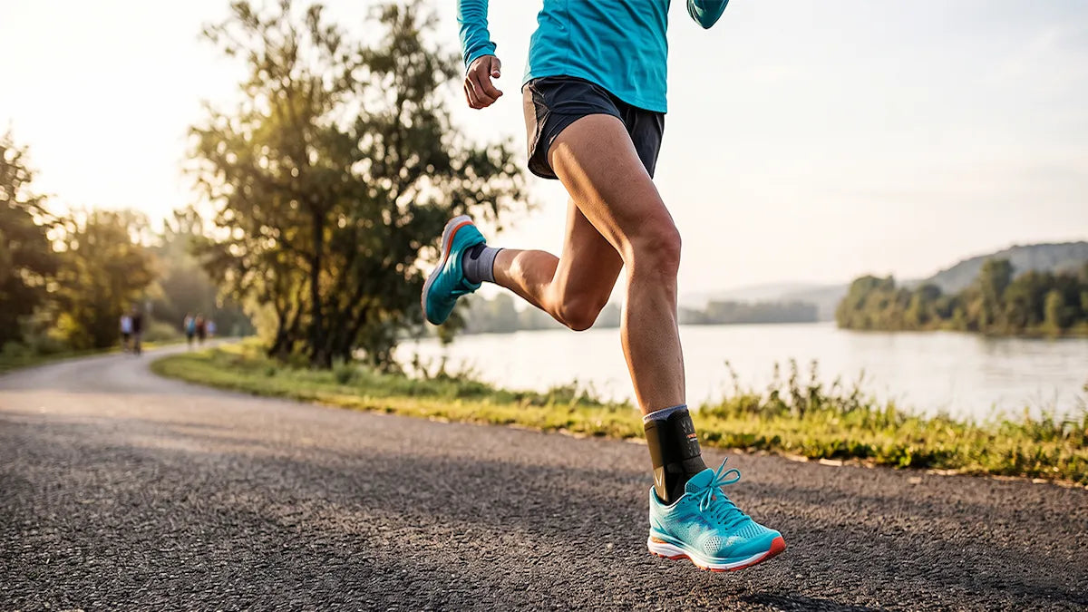 Runner wearing a stabilizing ankle brace jogging on a lakeside trail, demonstrating return to activity during late-stage high ankle sprain recovery