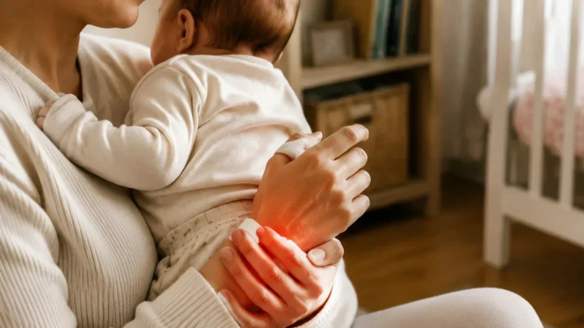 New parent holding baby with wrist pain, common mommy wrist symptom for new mothers