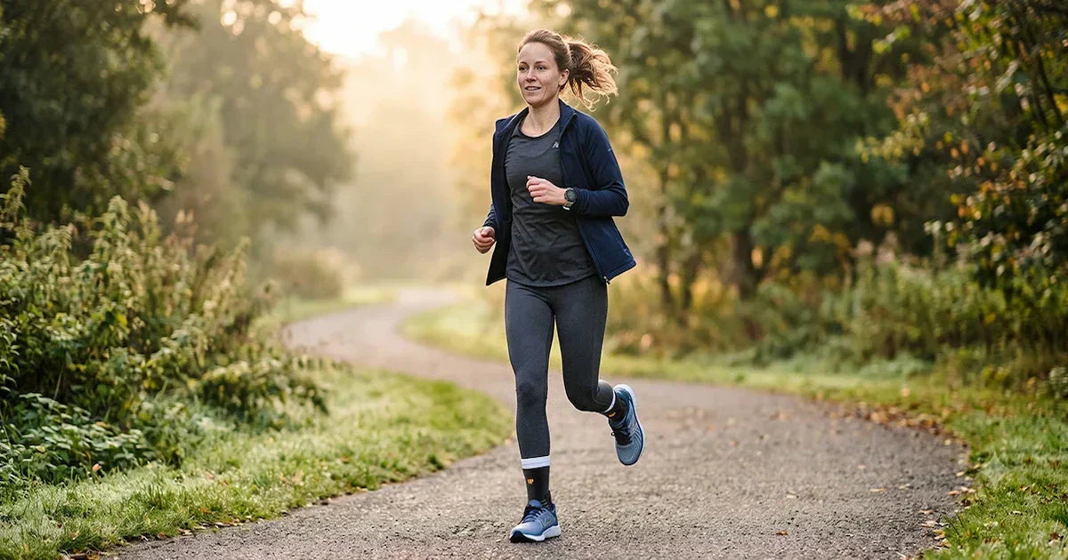 Runner's foot striking the ground mid-stride, showing ankle angle and a low-profile ankle brace under the running shoe