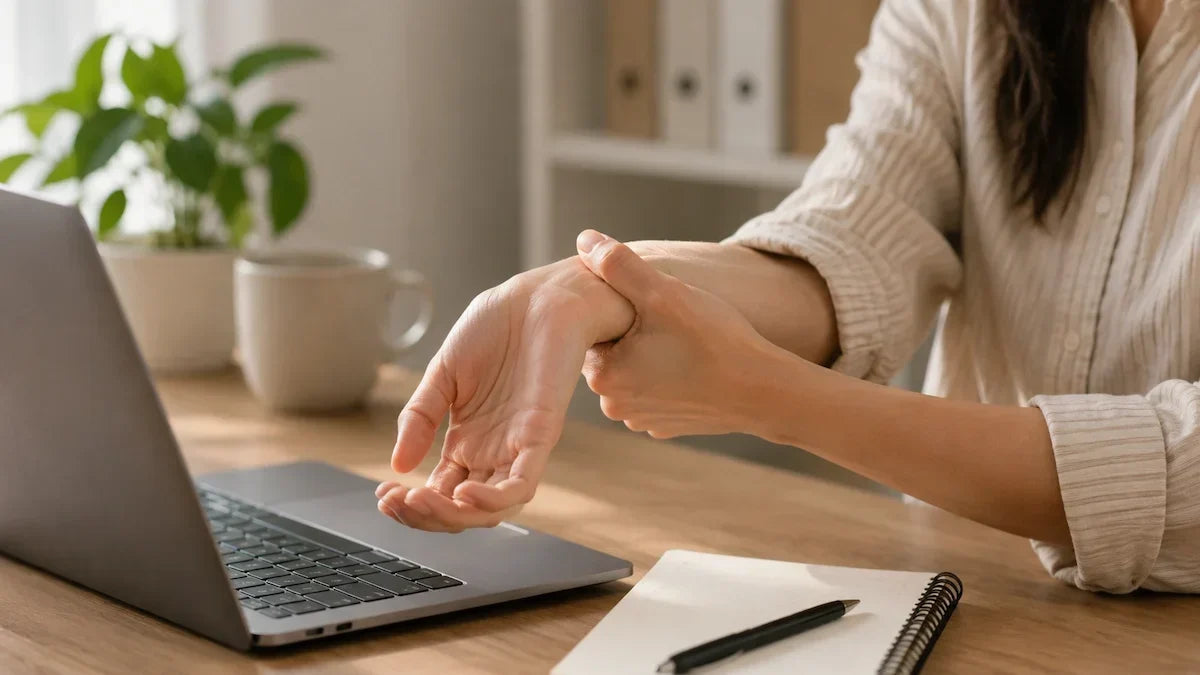 Office worker pausing to stretch their wrist during a long day of typing