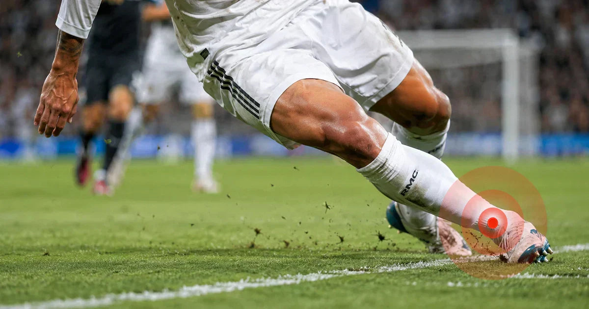 Soccer player making quick lateral cut on field, red circle highlighting ankle under lateral stress