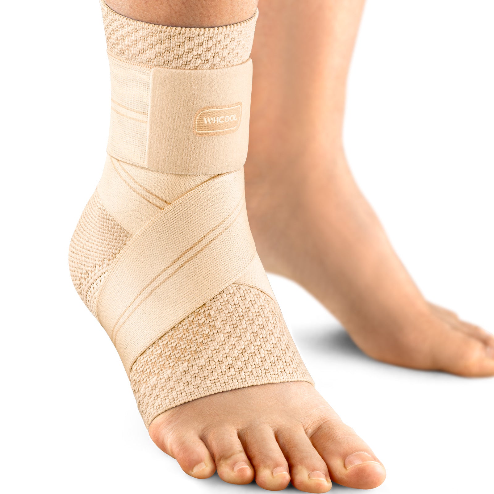 Beige WHCOOL ankle support brace featuring soft elastic compression and adjustable wrap design, suitable for daily wear, training, and light sports activities.
