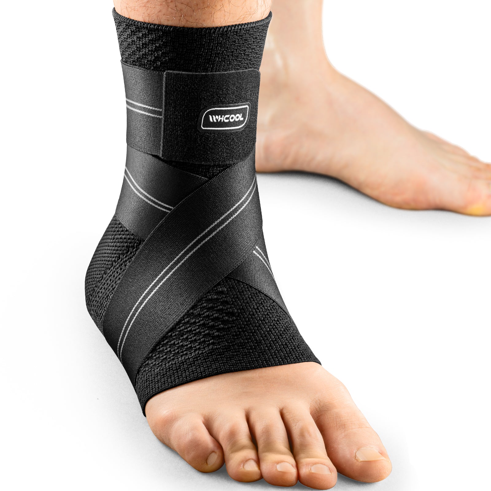 Black WHCOOL adjustable ankle brace designed with elastic compression straps for enhanced stability, comfort, and support during sports and daily activities.
