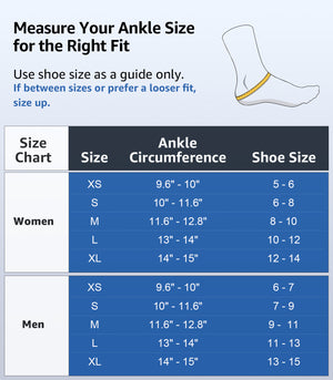 ankle brace size chart showing foot measurements and sizing guide to help choose the correct fit
