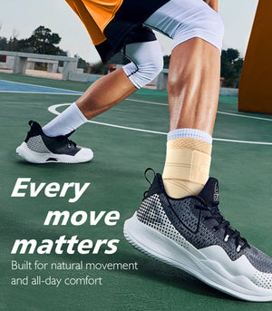 An athlete wearing an ankle compression sleeve during basketball activity, designed for natural movement and everyday comfort.
