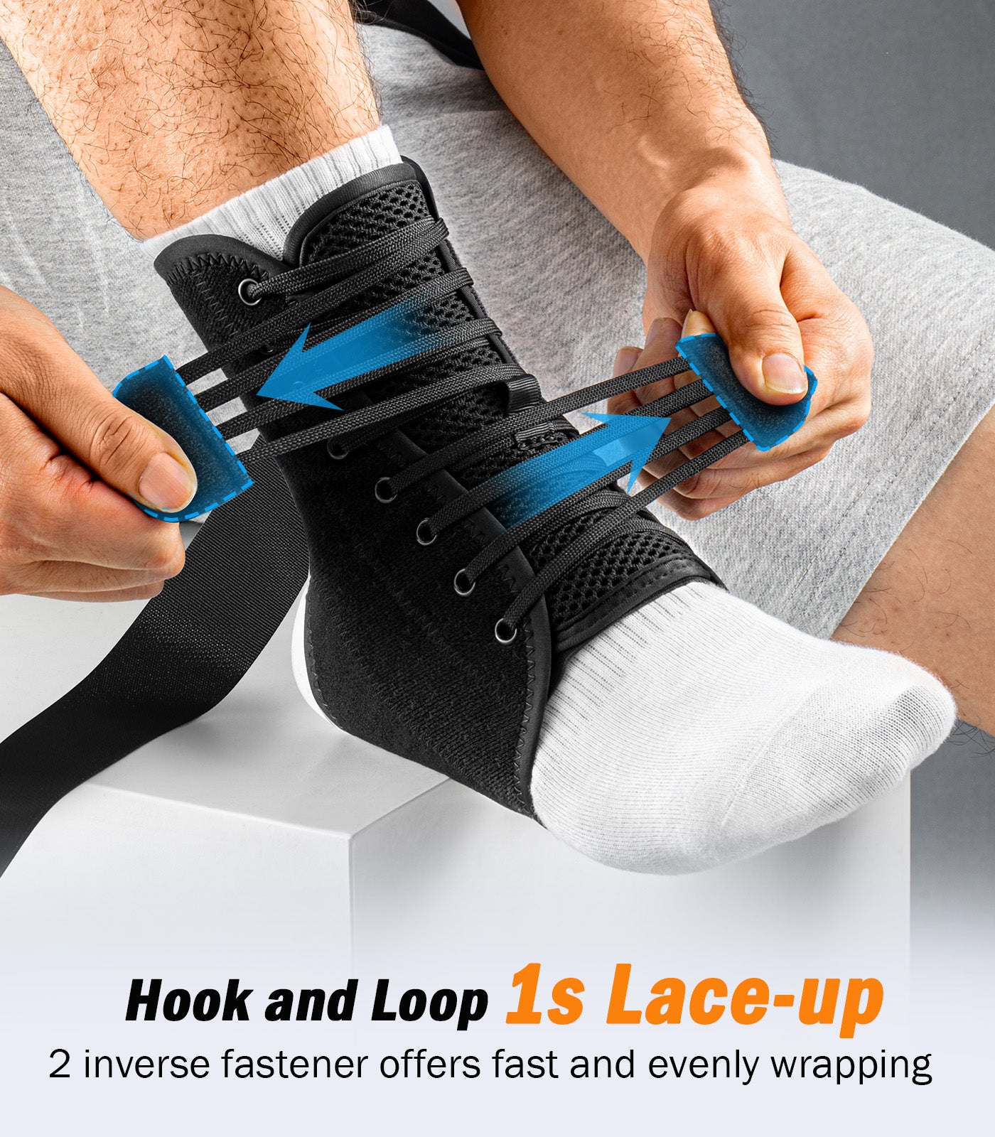 lace up ankle brace with adjustable fastener system for quick wear and secure support during movement

